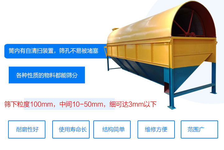 滾筒式篩分機筒內(nèi)有自清掃裝置，篩孔不易被堵塞。